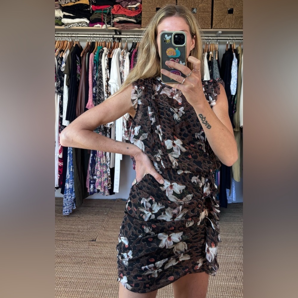 All Saints Floral Leopard Print Ruffle Ruched Hali Alessandra Mini Dress - Picture 4 of 17